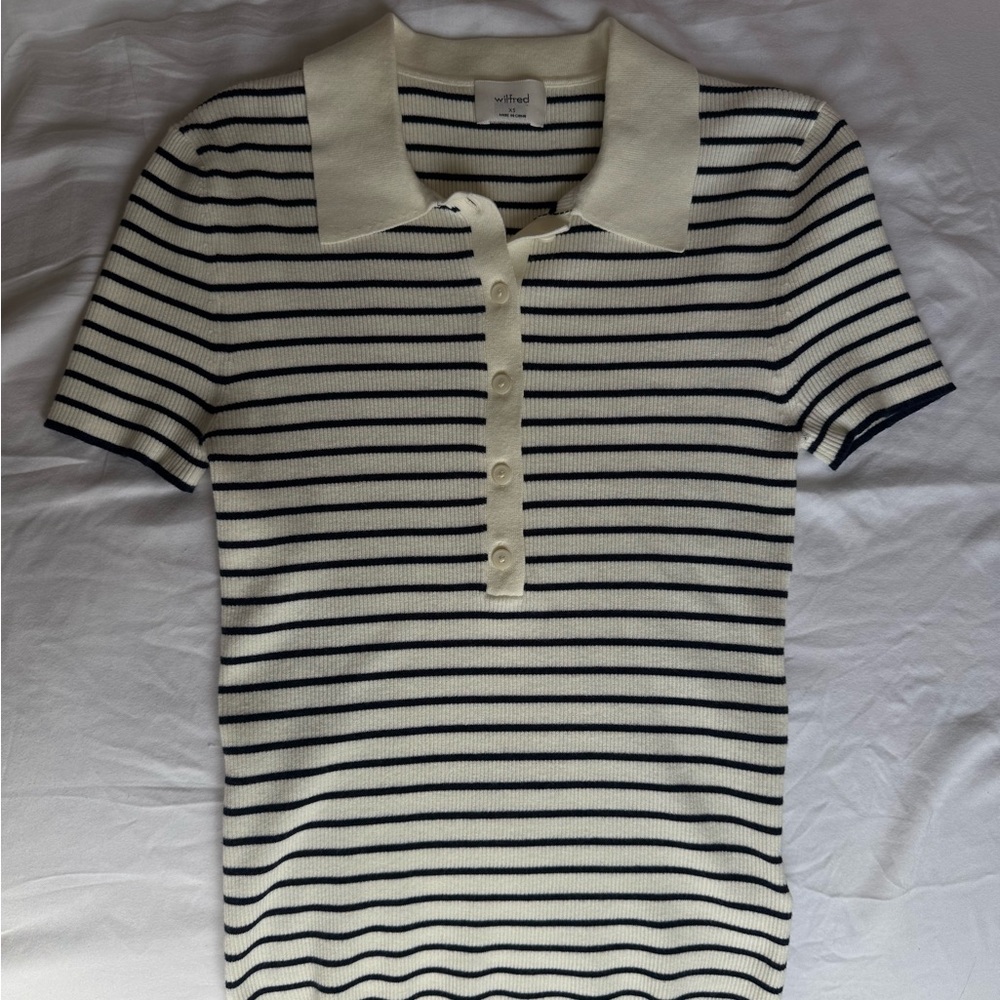 Wilfred Cream and navy Striped Polo Sweater